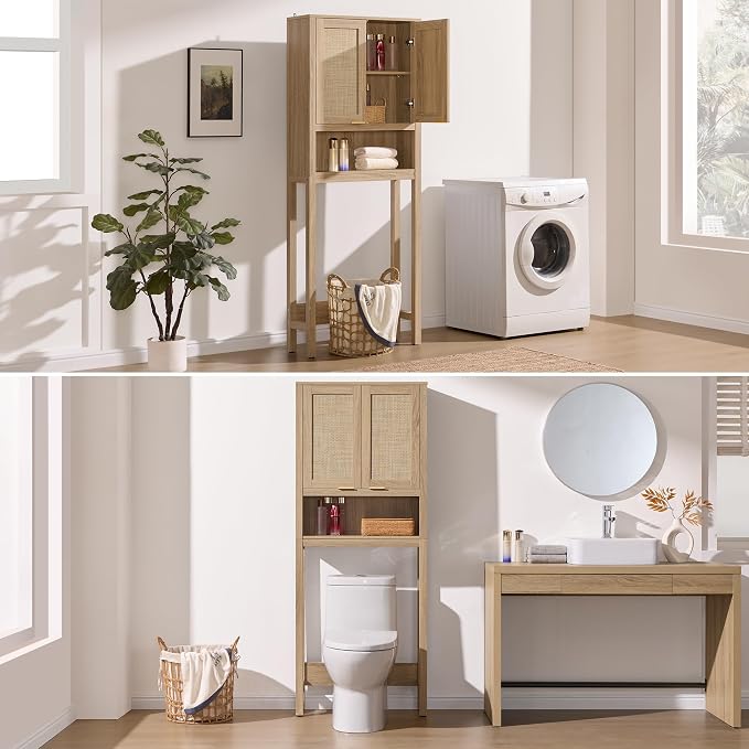 SICOTAS Over the Toilet Storage Cabinet, Rattan Door Bathroom Organizer | Freestanding Bathroom Organizer with Adjustable Shelf, Over Toilet Storage Cabinet for Bathroom, Laundry Room, dnd Restroom