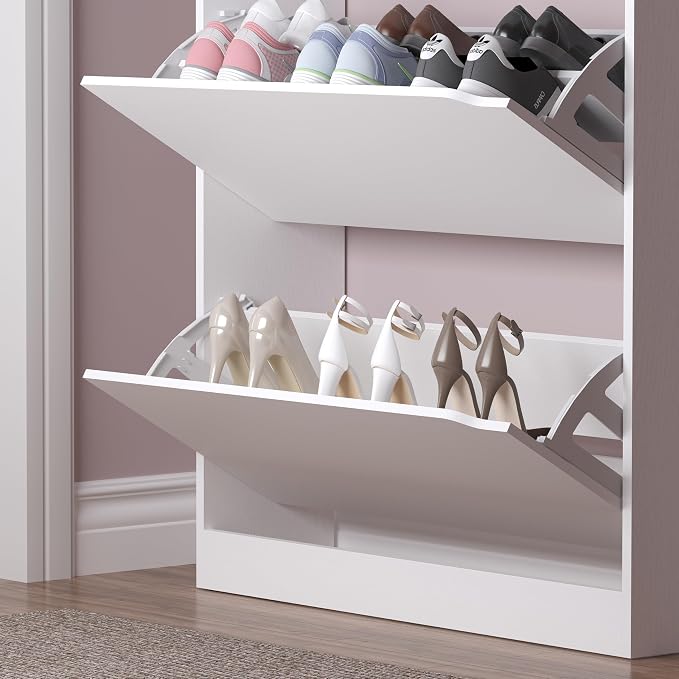 BORNOON Shoe Cabinet with 3 Flip Drawers & Coat Rack, Narrow Hidden Shoe Storage Cabinet, 2-in-1 Hall Tree Slim Freestanding Shoe Rack Organizer for Entryway, Hallway, and Living Room