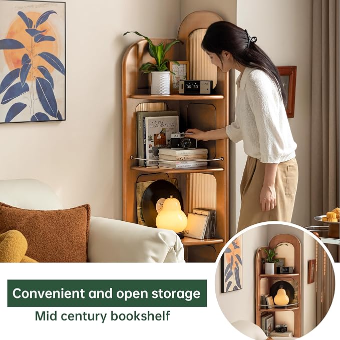 4-Tier 100% Solid Wood Corner Bookshelf, 64” Tall Mid Century Modern Corner Shelf Display, Open Storage Bookcase for Home Offie, Living Room (Cherry Wood)
