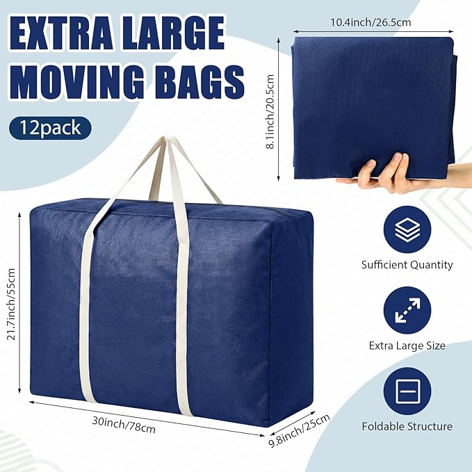 Sadnyy 12 Pack Extra Large Moving Bags Bulk with Carrying Handles & Zipper 32 Gal /120 L Reusable Waterproof Packing Bags Foldable Storage Organizer for Clothes, Bedding, Comforters(Navy Blue)