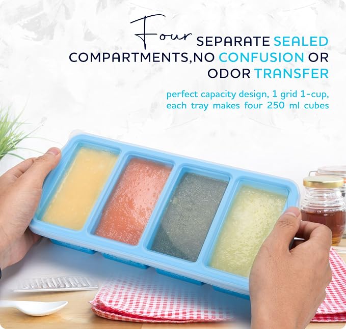 Zip Standing Silicone Freezer Trays with Lid,1-cup Soup Freezer Container large Ice Cube Molds with Reinforced Steel Ring Top for freezing Soup Sauce Broth Leftovers oven Dishwasher -Safe(2-Pack)