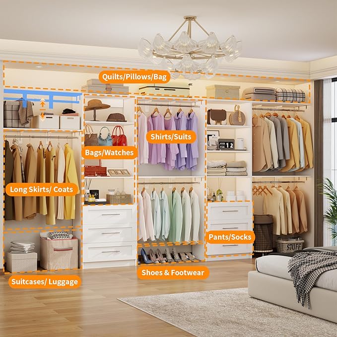 Closet System with 6 Wood Drawers, 6-12FT Closet Organizer System with Cuttable Shelves for Walk in Closet with 6 Expandable Hanging Rods, Heavy Duty Built-in Closet for Bedroom, White