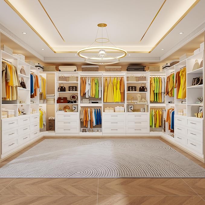 Closet System of 4 Sets with 6 Drawers, 101.9" Walk in Corner Closet System with 9 Hanging Rods & Adjustable Shelves, Custom L-Shaped Modular Closet Organizer System Wood Corner, White