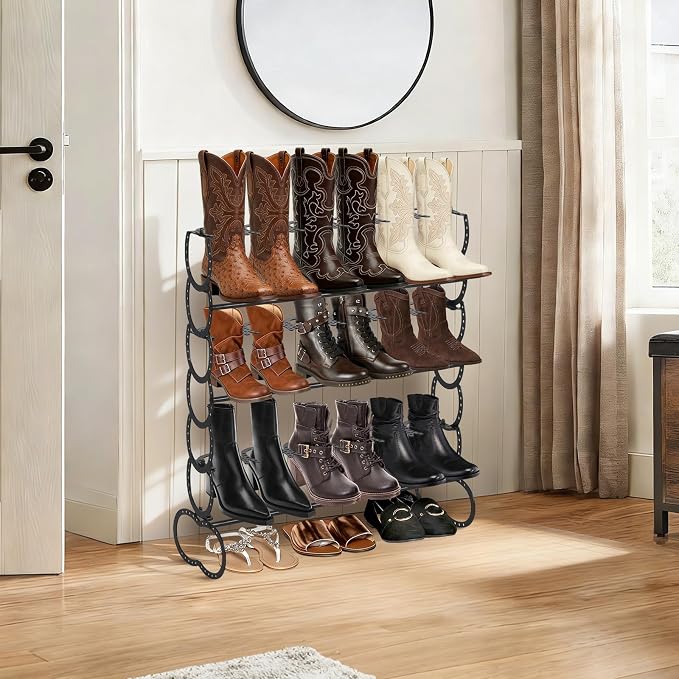Cowboy Boot Rack 9 Pairs Horseshoe Boot Rack Cowboy Boots Storage Organizer Rustic Horseshoe Gifts Farmhouse Decor for Western Style Lovers Entryway Accessories (Three Level)