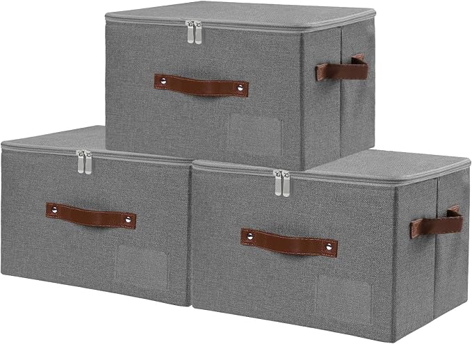 ANMINY Fabric Storage Box Bins with Zipper Lid, Washable Gray, 3PCS | Cotton Linen Fabric, PP Board Frame, Label Holder, Stackable & Foldable, PU Handles, Dual-Zipper 3-Side Open Lid, Medium