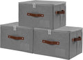 ANMINY Fabric Storage Box Bins with Zipper Lid, Washable Gray, 3PCS | Cotton Linen Fabric, PP Board Frame, Label Holder, Stackable & Foldable, PU Handles, Dual-Zipper 3-Side Open Lid, Medium