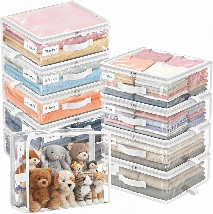 5 Pack Clear Storage Bags with Zipper Handles, Sheet Organizers and Storage | PVC Blanket Storage Bags, Foldable Under Bed Organizer for Baby Clothes Shoes Sweater Toy Bedding Sheet, 15.7x13.8x3.9’’
