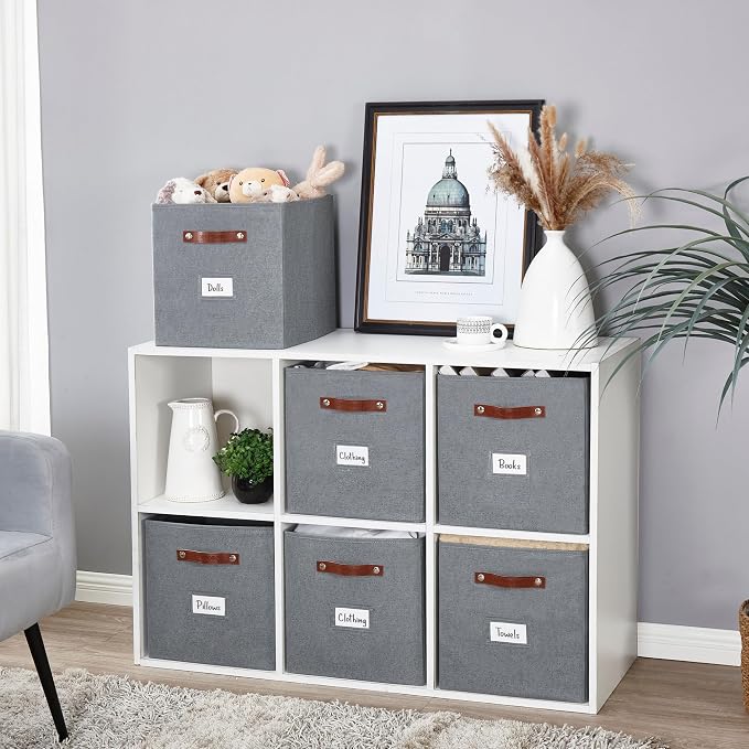 DECOMOMO Storage Baskets, 13x15x13 Storage Cube Bins with Labels for Organizing Shelves (Kallax / 4pcs, Texture Grey)