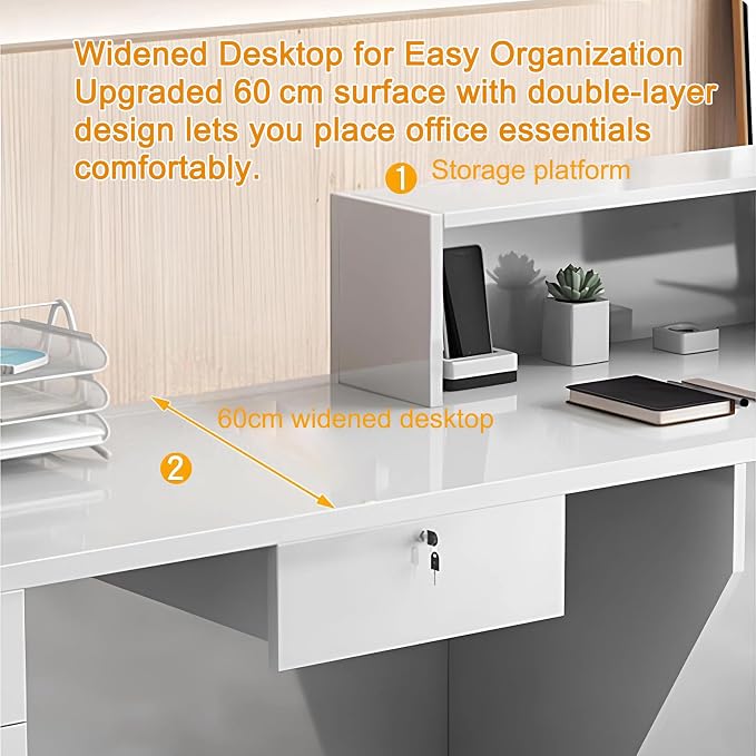 Modern Reception Desk with Counter, Front Desk Reception Counter with Lockable Drawer, Keyboard Tray & Storage Cabinet, Solid Wood Receptionist Table for Salon Office Lobby (D - Left, L 2.2m/86in)