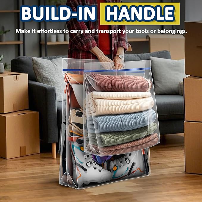 25 Gallon Extra Large Resealable Storage Bags with Zipper Top，35" x 24" Heavy Duty Clear Bags with Handles, 4 Mil Thick, Perfect for Clothing, Pillows, Travel, and Moving (5 Packs)