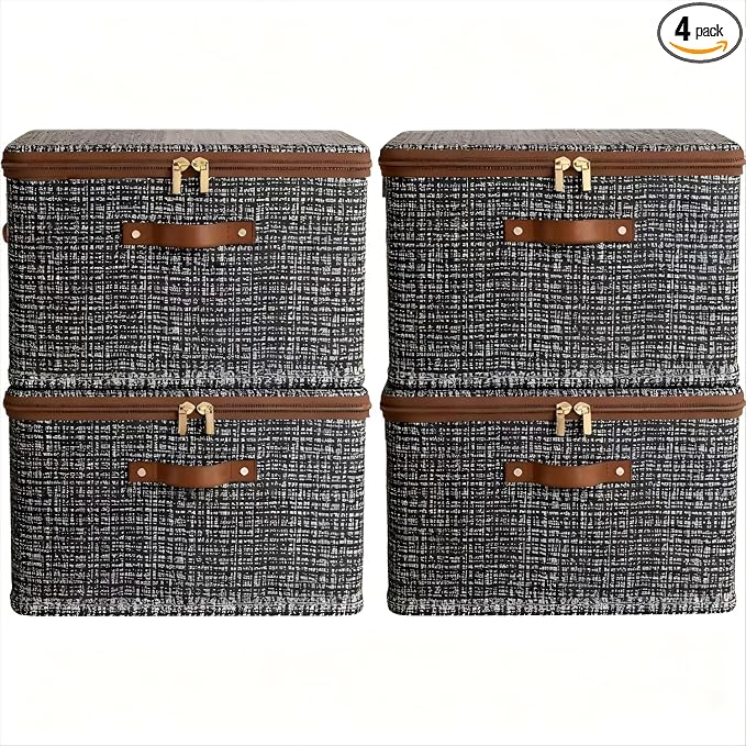 4 Pack 26.4 Quart Fabric Storage Bins with Lid, 15.7x11.8x8.3 in Stackable Closet Organizer Baskets, Foldable Polyester Cube Storage with Handles, Decorative Organizer Boxes for Shelves, Grey