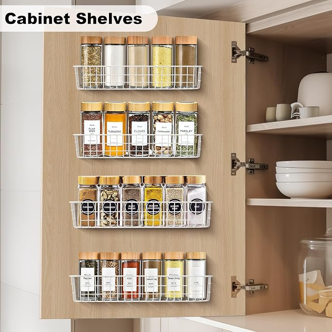 Spice Rack Organizer Wall Mount, 4 Pack White Storage Basket for Kithceh Seasoning Organizer Spice Organization for Kitchen and RV