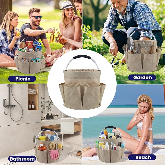 Cleaning Caddy with Handle and 6 Pockets, 17L Cleaning Supplies Organizer, 600D Oxford Fabric Storage Basket, Multifunctional Bucket Bag for Picnics, Camping, Gardening, Bathing (Khaki)