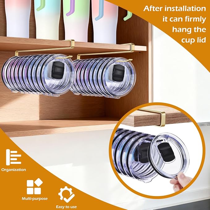 Tumbler Lid Organizer, Kitchen Space-Saving Cup Holder, Organizers for Under Cabinet Storage, No Glue or Drilling Required (Golden)
