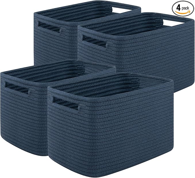 OIASKET 4Packs Natural Cotton Rope Storage Baskets for Organizing Toys, Clothes, Towels & Books, Soft Versatile Organizers for Shelves, Home Decorative Bins, 13''Lx9''Wx7.8''H, Blue