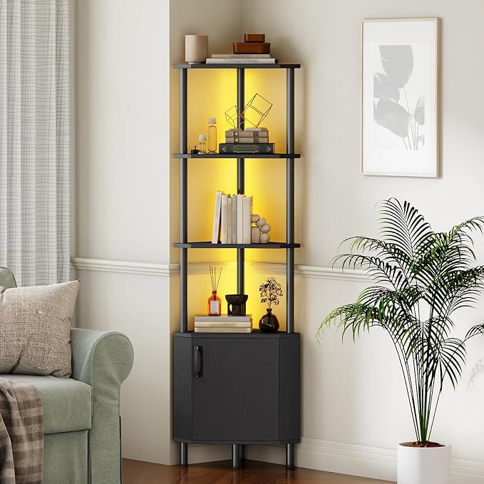 HOOBRO Corner Cabinet with LED Light, Corner Shelf Stand with Storage and Doors, 5-Tier Industrial Corner Bookshelf, 59” Tall Display Rack Shelf, for Living Room, Kitchen, Black BB147DCJ01