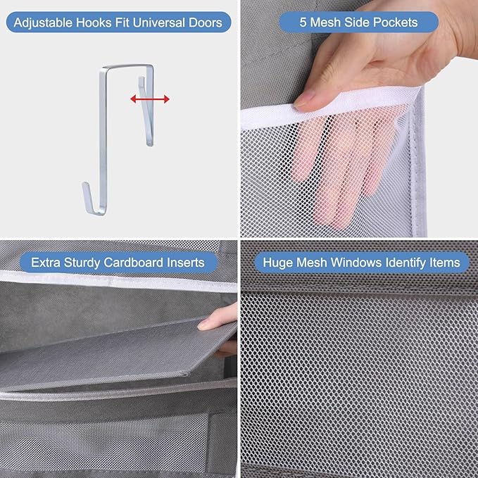 ANHUXINLEI Over The Door Organizer Storage, 5 Large Capacity Pockets & 5 Side Pockets, Anti Tilt 44 lb Load Behind Door Storage for Bedroom, Bathroom, Pantry, Nursery (Grey)