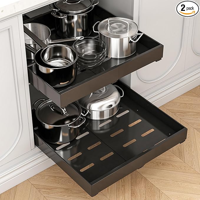 THMINS 2 Pack Expandable Pull Out Cabinet Organizer, 16" Deep Expandable (12.6" - 20.5") 3 Heavy Duty Slide Drawers Pull Out Drawers for Kitchen Storage Cabinet (Black)