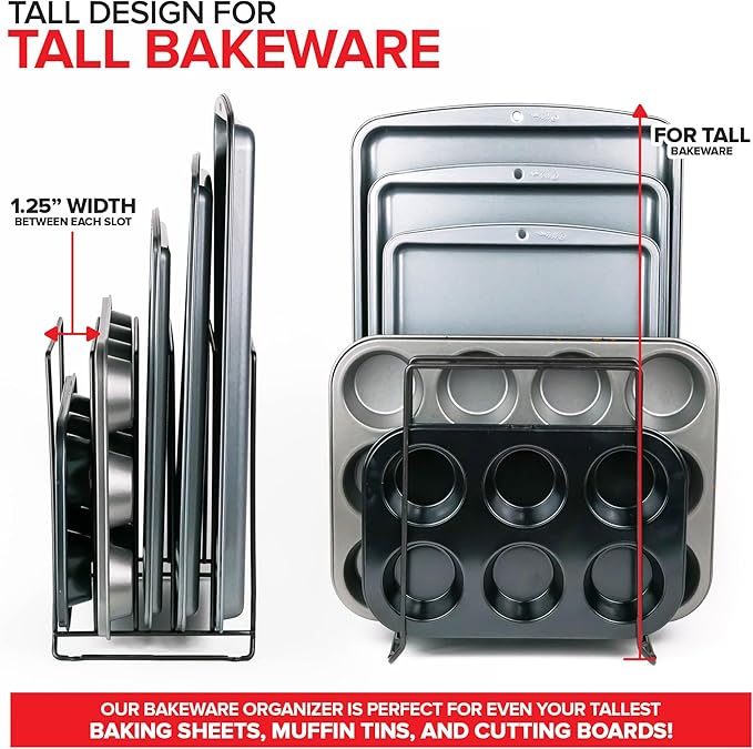 Stock Your Home Black (2 Pack) Extra Tall Steel Baking Pan Organizer Rack for Cabinet Storage or Kitchen Counter, Cookie Baking Sheet Organizer with Dividers, Muffin Tin and Cutting Board Holder