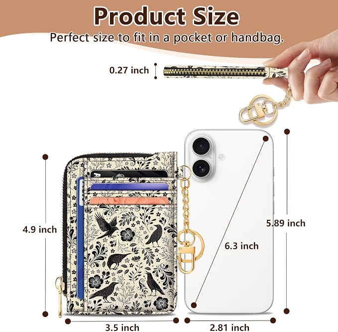 GIANCOMICS Slim Wallet Credit Card Holder Women, Goth Crow Rfid Blocking Small Card Case, Keychain Thin Pocket Curved Zipper Wallet, Travel Card Holder PU Leather ID Window, Ladies Female Gifts