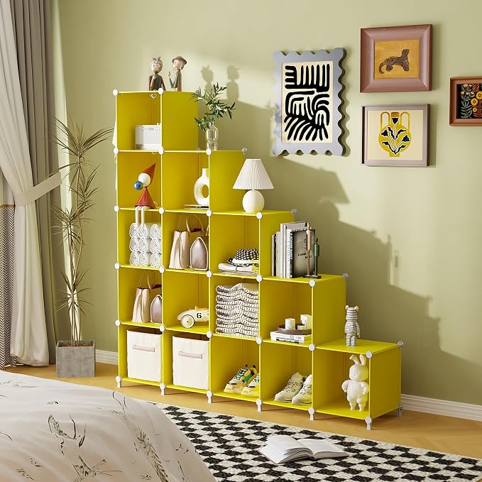 AWTATOS Cube Storage Organizer, Closet Organizers Storage Shelf, 16 Cube | DIY Stackable Storage Cube Shelves, Plastic Clothes Organizer Shelving for Bedroom, Home Office, Yellow