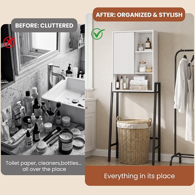 24" W Over The Toilet Storage Cabinet with Fluted Door,Bathroom Organizers and Storage with Adjustable Shelves, Modern Over Toilet Organizer for Bathroom,Restroom,Laundry,White