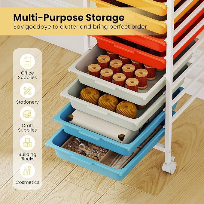 GOFLAME 10-Drawer Rolling Storage Cart, Craft Storage Cart with Wooden Tabletop and Lockable Wheels, Art Cart Supply Storage Organizer with Metal Frame for Home Office Classroom, Macaron Color