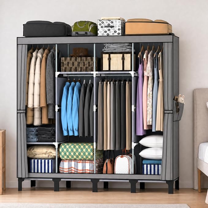 Portable Closet Wardrobe Closet for Hanging Clothes with 3 Hanging Rods for Bedroom, Non-Woven Fabric Clothes Closet for Living Room Easy Assemble (Gray, 4 Columns, 67 inch Width)