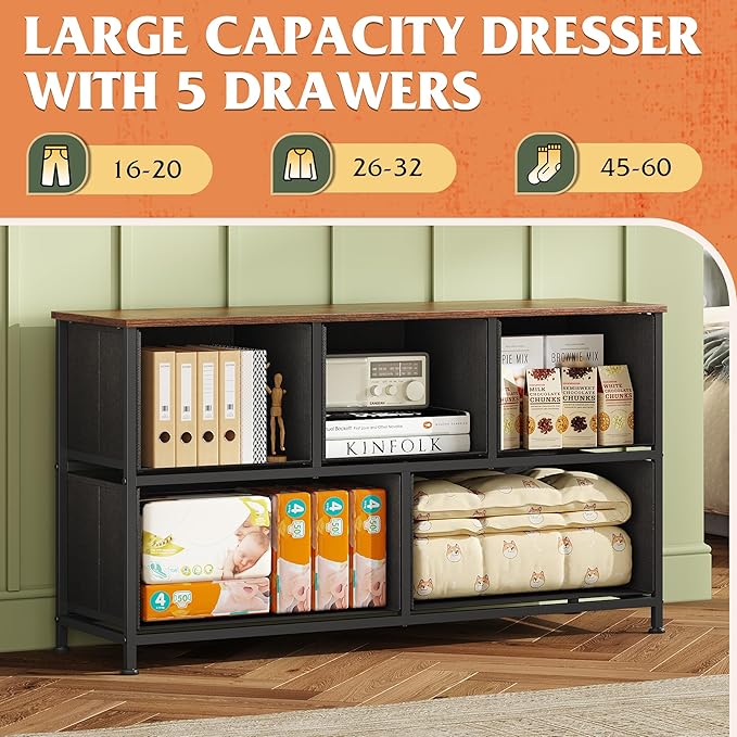 WLIVE Dresser for Bedroom with 5 Drawers, Wide Chest of Drawers, Fabric Dresser, Storage Organizer Unit with Fabric Bins for Closet, Living Room, Hallway, Pattern