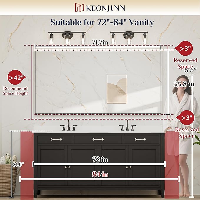 Keonjinn 72 x 36 in Brushed Nickel Mirror for Bathroom Sink, Rectangular Metal Framed Vanity Wall Mirror Square Corner Aluminum Alloy Modern Rectangle Silver Mirror for Over Sink(Horizontal/Vertical)
