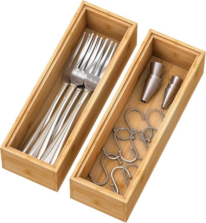Bamboo Kitchen Drawer Organizer 9"x 3", Wooden Stackable Silverware Tray | Utensil Organizer Cutlery Holder for Kitchen, Wooden Storage Box for Bathroom, Multi-Use Storage Bins Dividers for Office