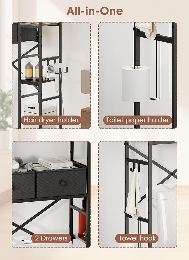 Over The Toilet Storage with 2 Drawers - 7 Tier Bathroom Organizer with Adjustable Shelf, Freestanding Space Saver Storage Rack Above Toilet Stand with Hooks for Small Restroom, Laundry(Black)