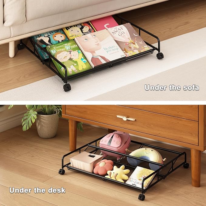Under Bed Shoe Storage Organizer, 2 Pack Metal Mesh Under Bed Storage Containers with Wheels, Shoe Organizer Drawer Space Saving for Bedroom