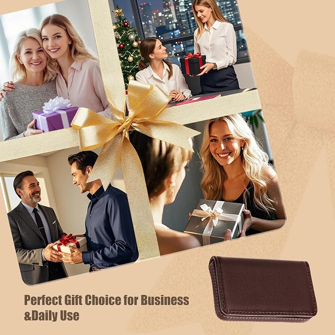 Business Card Holder PU Leather with Magnetic Closure, Slim Pocket Name Card Case for Men & Women, Professional Card Wallet for Office & Travel (Brown)