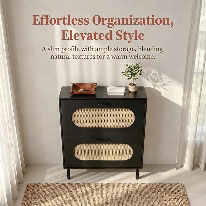 SUNCROWN Shoe Storage Cabinet with 2 Flip Drawers, Freestanding Narrow Shoe Rack Organizer for Entryway, Natural Semi-Circular Rattan Doors with Adjustable Shelves, Black