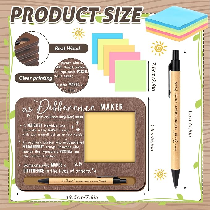 Kosiz 10 Set Brown Difference Maker Appreciation Gifts Wooden Sticky Note Holder with Notes and Ballpoint Pens Inspirational Sticky Notes Sets for Employee Coworker Staff Thank You Appreciation Gifts