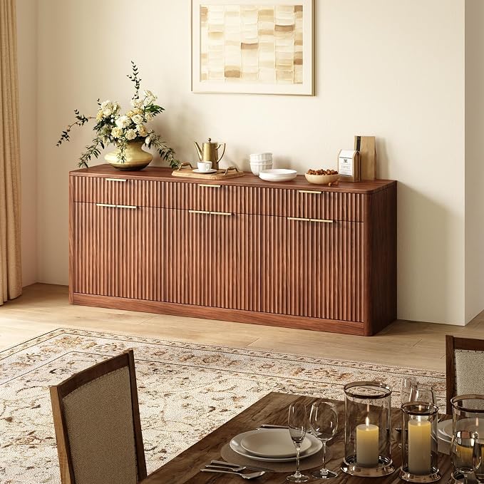 Evermagin 67" Fluted Walnut Sideboard Buffet Cabinet with 3 Drawers | Modern credenza and console cabinet with storage for kitchen, living room, entryway or coffee bar, 67"W x 31.5"H x 15.7"D