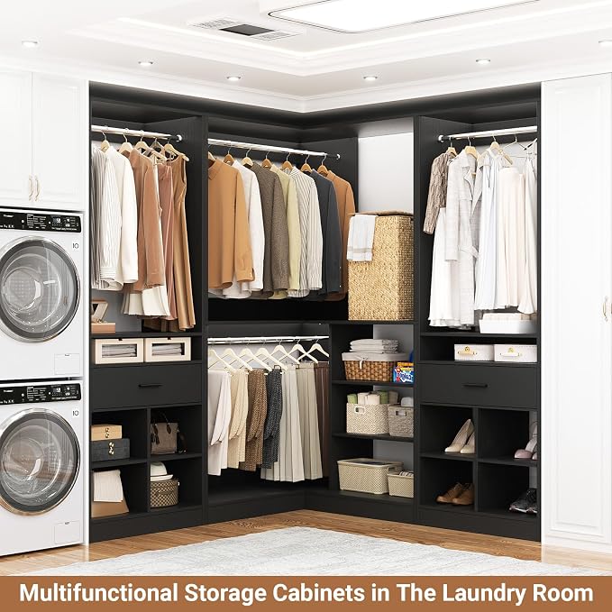 Unikito 86" Corner Closet System, Modular Closets Organizer with 4 Hanging Rods & Corner Tower, Freestanding L-Shaped Walk-In Wardrobe Organizer, Set of 3, Black