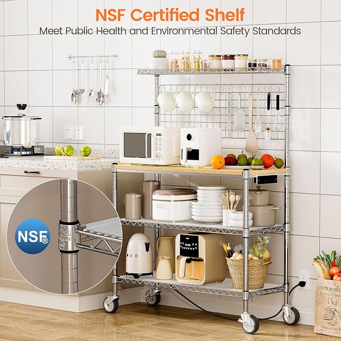 Bakers Rack with Power Outlet & Storage,36In Microwave Stand Kitchen Cart | 4-Tier Metal Kitchen Shelves Cart with Wheels & 20 S-Hooks for Kitchen, NSF Certified, 63 x 18 x 36 Inch-Chrome