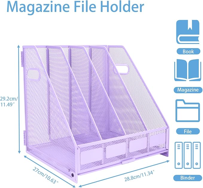 Desk Organizers Metal Magazine File Holder Racks Desktop Folder Storage Binder Organiser Document Organization for Home Office & Classroom,4 Vertical Compartments-Purple
