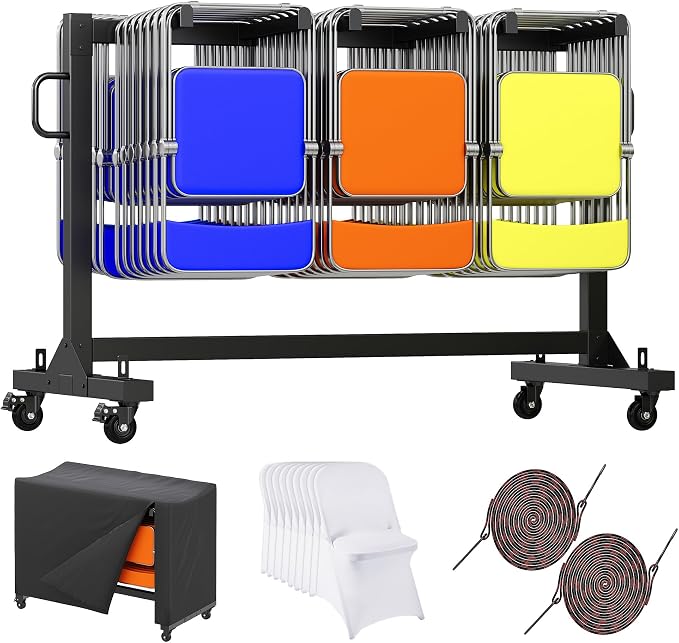 Specraft Folding Chair Rack, Holds 12 Tables or 42 Chairs with 30 PCS Chair Covers, 550 lbs Capacity, Heavy-Duty Cart with Wheels, Elastic Cords, Cover, Glossy Black