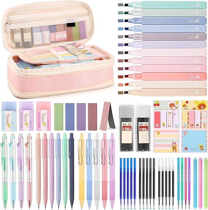 DazSpirit 62PCS Aesthetic Stationery Set with Pencil Case, No Bleed Highlighters, Gel & Erasable Pens, Mechanical Pencils, Refills, Cute College School Supplies for Note Taking, Journaling