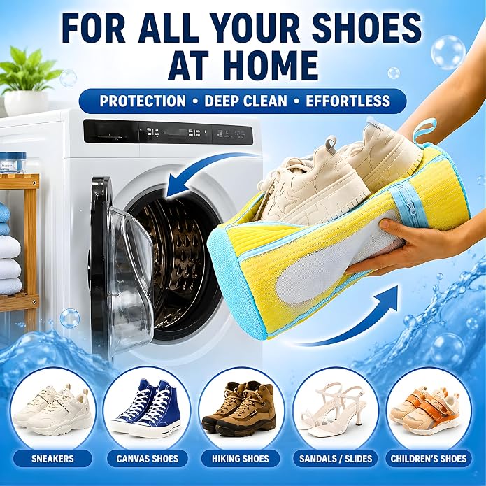 GEWON Shoe Washing Machine Bag for Wash & Dry, 4-in-1 Kit 2 Chenille Sneaker Laundry Bags + 2 Dust Bags, Self-Locking Zipper