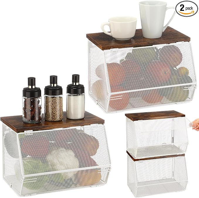 Teenyyou 2 Pcs Stackable Mesh Fruit Basket with Lid Wall Produce Vegetable Storage Basket Onion Potato Hanging Metal Wire Container for Kitchen Counter Pantry(Non-removable,White,8.3" w & 13.8" l)