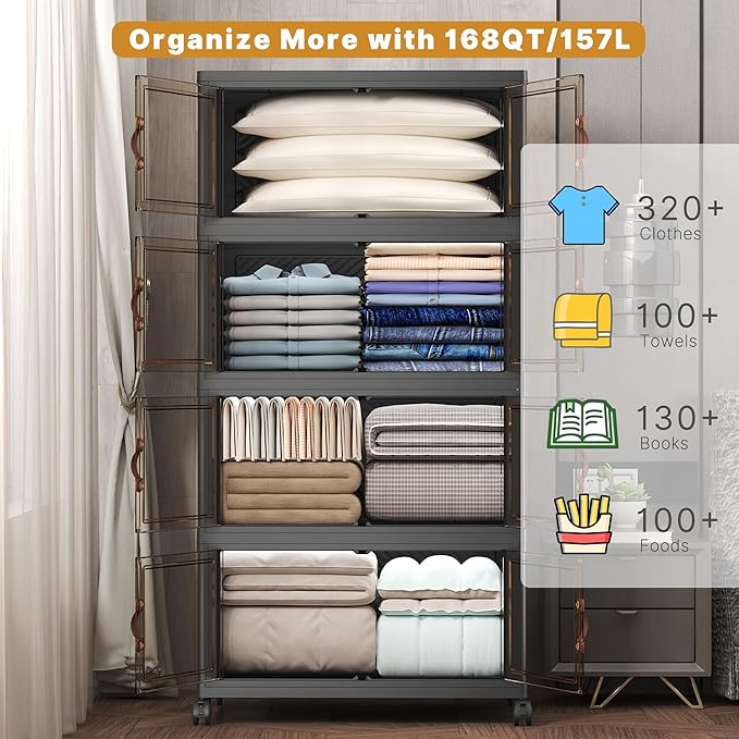 UAMFURI Extra Large Stackable Storage Bins with Lids & Wheels, Foldable Collapsible Closet Organizers Dark Storage Cabinet with Doors for Bedroom Dorm