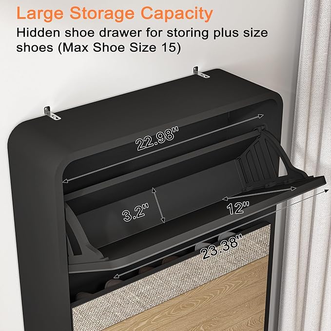 Mirror Shoe Storage Cabinet with 5 Flip Drawers, 15 Pairs | Real Glass Mirror | Fits Men's Size 15 | Entryway Organizer | Narrow Freestanding | Space-Saving | Black