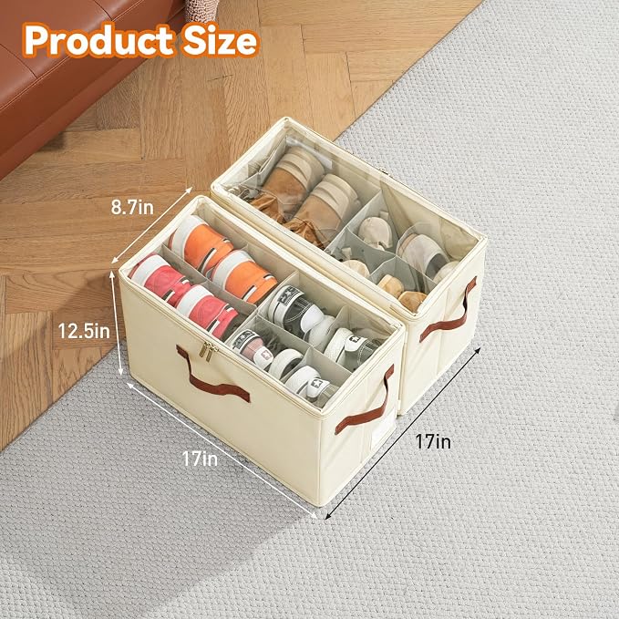 Shoe Organizer for Closet, Fits 32 Pairs, Beige, 4 Pack | Space Saving, Adjustable Dividers, Clear Cover, Reinforced Handles, Stackable & Foldable Farbic Shoe Storage Organizer Box