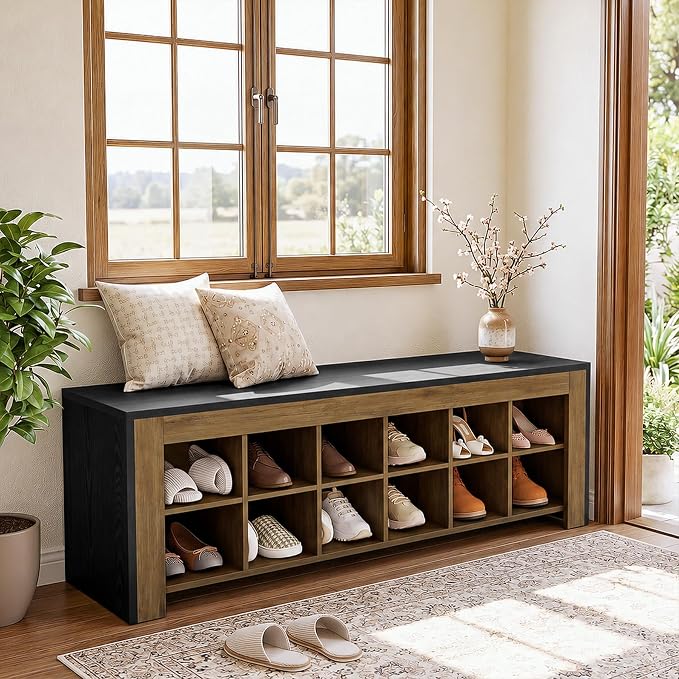 Tribesigns 48-inch Farmhouse Entryway Bench, Wooden Shoe Storage Bench with 12 Cubbies & Compartments, Shoe Rack Organizer, Freestanding Shoe Cabinet for Hallway, Mudroom, Cloakroom, Bedroom