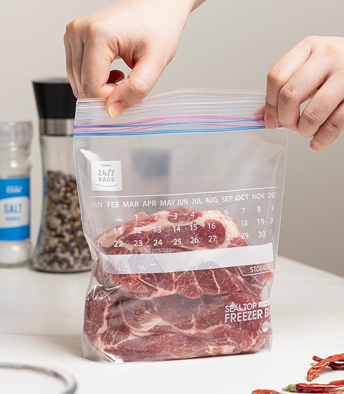 24/7 Bags- Quart Freezer Bags, 140 Count with Expandable Bottom and New Calendar Feature, Easy Fill On The Go