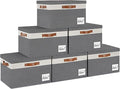GhvyenntteS 6 Pack Fabric Storage Bins with Lid, Large Closet Storage Bins with Lid and 3 PU Handles, Foldable Fabric Storage Boxes with Label Window for Home Bedroom Office (Grey, Large)